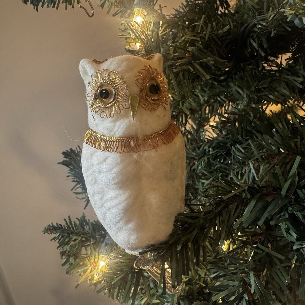 Vintage Owl Christmas Ornament Flocked Felt Gold Ribbon Trim Clip On Handmade